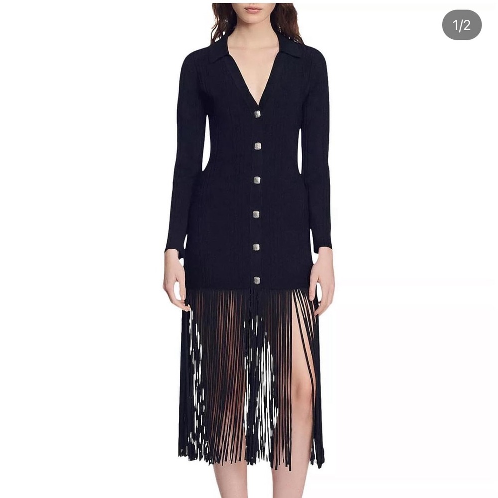 SANDRO Button Front Fringed Sweater Dress